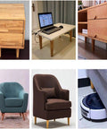Four Pack Solid Oak Wood Table Legs, Four Inch Tapered Replacement Furniture Feet supporting various furniture pieces.