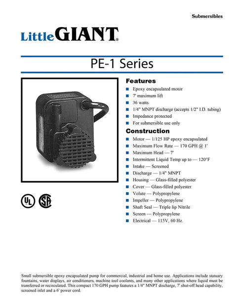 Compact Submersible Pump Epoxy Encapsulated Direct Drive 115 Volt 0.008 HP 170 GPH With 6 Ft Cord product specifications