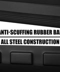 Close-up of an anti-scuffing rubber bar and steel construction on a four tray magnetic tool tray set.