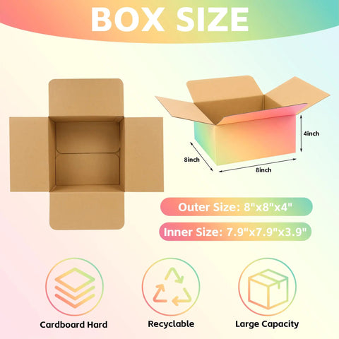 8x8x4 Heavy Duty Shipping Boxes Set of 30 Colorful Corrugated Boxes for Small Business Packaging open flat layout with dimensions