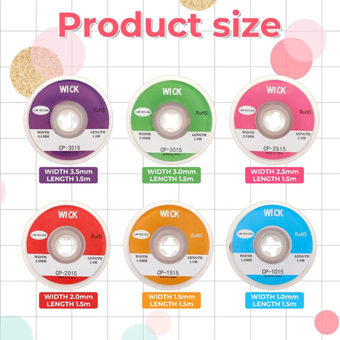 Six Pack No Clean Desoldering Wick Set With Flux For Easy Solder Removal And Electronics Repair And Disassembly Copper Desoldering Braids In Multiple Widths One And A Half Meter Length, showing six spools labeled with different widths and lengths.