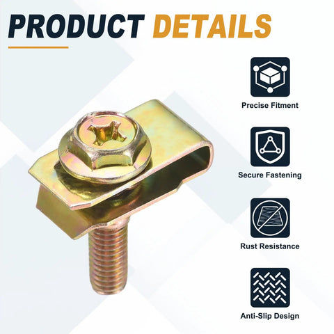 20 Piece M6 Body Bolts And U Nuts Kit For Bumper And Fender Liner Replacement, Manganese Steel Fasteners For Most Cars, Easy Install, DIY Friendly And Secure Fastening With Durable U Nuts And Bolts. M6 bolt and U nut close-up, zinc plated