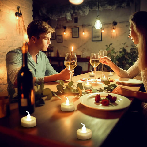 Couple dining with Flameless LED Candles With Remote Timer Warm White Flicker Battery Operated Tea Lights creating cozy ambiance