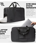 30L Hybrid Weekender Duffel With Garment Bag Shoe Compartment And 18 Inch Laptop Sleeve displayed with sneakers and laptop.