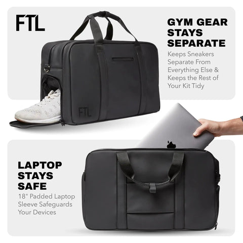 30L Hybrid Weekender Duffel With Garment Bag Shoe Compartment And 18 Inch Laptop Sleeve displayed with sneakers and laptop.