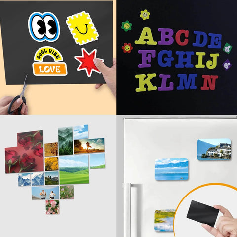 Magnetic Sheets 8.5 By 11 Inches, 20 Pack With Adhesive Backing for DIY Crafts, showing cut-out shapes, photo magnets, and board letters.