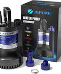 Half Horsepower Submersible Sump Pump For Pool Draining Portable Utility Water Pump next to packaging and adapters