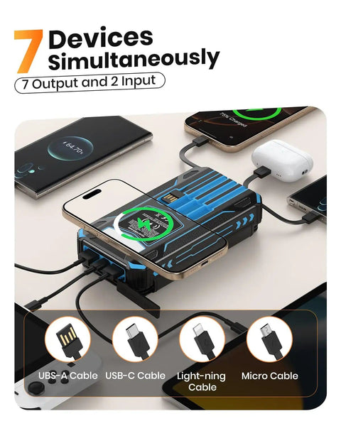 Outdoor Power Bank With 48000mAh Solar Charger Wireless Portable Battery Pack charging multiple devices with built-in cables