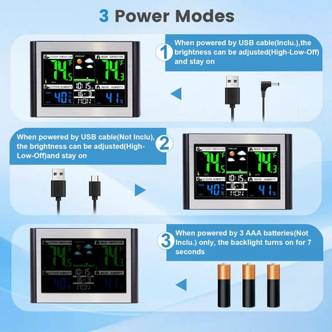 Wireless Indoor Outdoor Weather Station With Color Display Digital Temperature And Humidity Monitor Alarm Clock USB Port Adjustable Backlight 6.1 Inch Screen Easy To Read Interface Black And Silver showing power modes with USB and battery options.