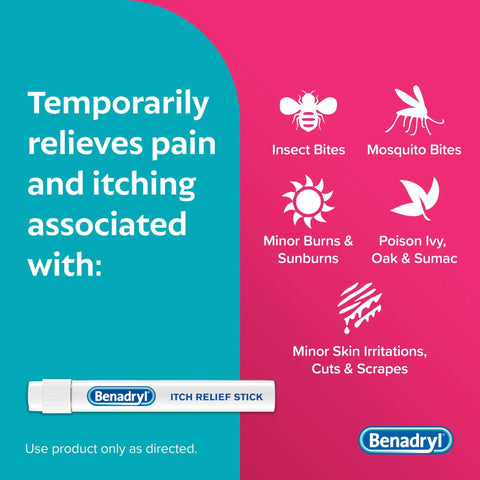 Extra Strength Itch Relief Stick For Itchy Skin, Rashes And Bug Bites, Grab And Go First Aid Essential illustrating uses.