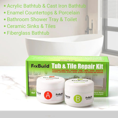 Porcelain Repair Kit For Tub And Tile Cracks Chips And Dents, Fast Fix Bathroom Repair Tool in packaging with two jars marked A and B