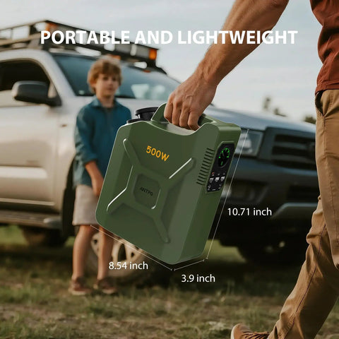 Reliable Portable Power Station 500W Featuring LiFePO4 Cell Pure Sine Wave Inverter being carried outdoors next to a vehicle.