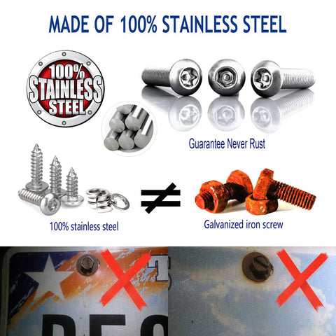 Image displaying Anti Theft License Plate Screws Kit For Cars Tag Frame Holders Stainless Steel Mounting Hardware with screws and rust comparison.