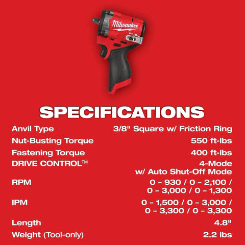 Specifications of M12 FUEL Stubby 3/8 Inch Impact Wrench Bare Tool for High Torque and Tight Spaces on red background