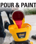 No Fuss Heavy Duty Airless Paint And Stain Sprayer with red paint pouring into yellow reservoir for easy application.