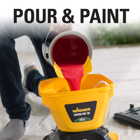 No Fuss Heavy Duty Airless Paint And Stain Sprayer with red paint pouring into yellow reservoir for easy application.