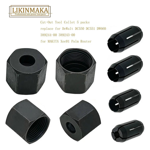 Cut Out Tool Collet Chuck Set, Five Pack With Four Collets And Nut, Fits DW660 Palm Router Series