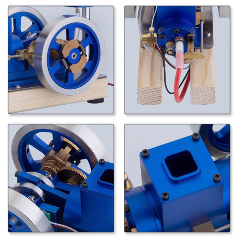 Water Cooled Hit And Miss Engine Model For Teens 14 Plus A Vintage Style Science Kit With Base Fuel Tank Piping And Hands On Activation For Realistic STEM Learning, blue metal flywheel close-up