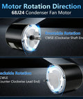 Motor rotation direction diagram for Premium Condenser Fan Motor 1/3 HP 1075 RPM 208 230V AC, showing CWSE and CCWLE.