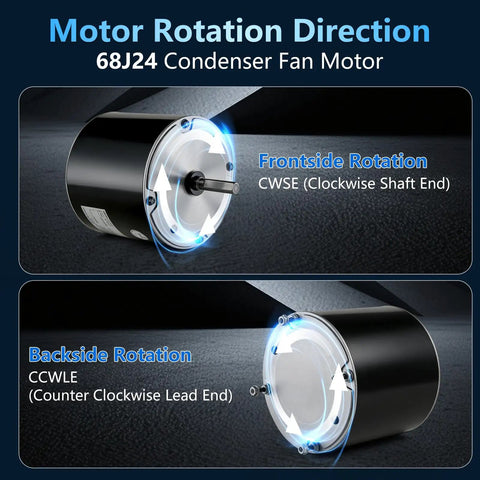 Motor rotation direction diagram for Premium Condenser Fan Motor 1/3 HP 1075 RPM 208 230V AC, showing CWSE and CCWLE.