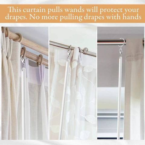 No Sweat Curtain Pull Wands 46 Inch White Acrylic Drapery Rod Openers With Hooks And Rings Heavy Duty Window Treatment Essentials For High Ceilings Smooth Glide Action with curtains and rods.