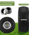Beefy Front Tire And Wheel Set For Riding Lawn Mowers 15x6-6 Compatible With John Deere Craftsman Husqvarna Three Quarter Bore Three Inch Centered Hub Four Ply Natural Rubber With Tube Two Pack Heavy Duty showing centered hub and bushings