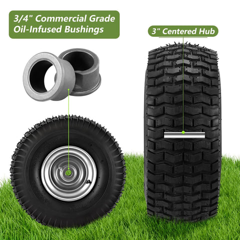 Beefy Front Tire And Wheel Set For Riding Lawn Mowers 15x6-6 Compatible With John Deere Craftsman Husqvarna Three Quarter Bore Three Inch Centered Hub Four Ply Natural Rubber With Tube Two Pack Heavy Duty showing centered hub and bushings