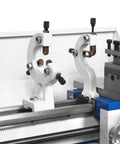 Close-up of 1.5 Inch Spindle Bore Metal Lathe With DRO, 8x16 Inch Benchtop Lathe showing precision tool rest on rail