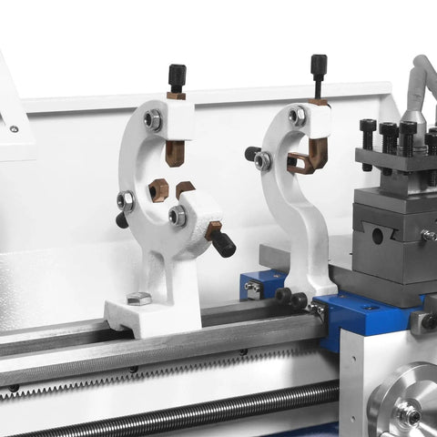 Close-up of 1.5 Inch Spindle Bore Metal Lathe With DRO, 8x16 Inch Benchtop Lathe showing precision tool rest on rail