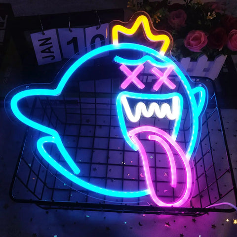 Totally Lit Ghost Neon Sign LED Light With Dimmable Switch Colorful Rainbow Glow for Kids Room game spaces hanging in basket