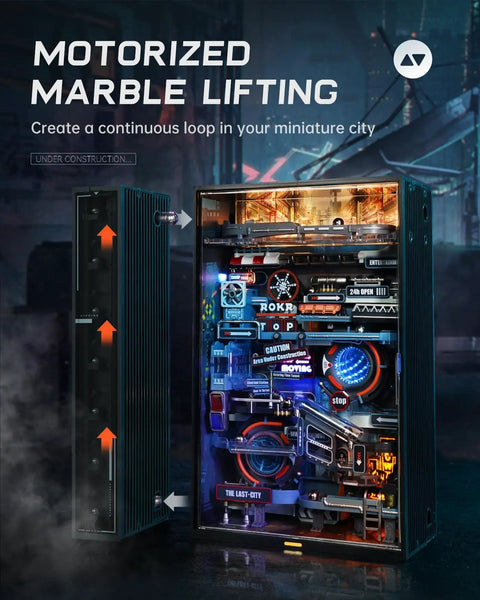 Marble Run Model Building Kit For Adults Dope 3D Puzzle With Automated Marble Lift And Lighting Display USB C Tap Start DIY Miniature Kit, lit cyberpunk city view