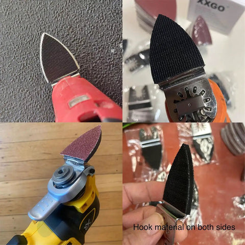 52 Piece Finger Oscillating Multi Tool Sanding Pads Kit with hook and loop attachment on different tool angles