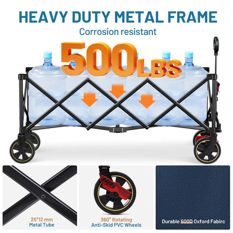 Extended 51 Inch Collapsible Wagon Cart With 500 Lb Load Capacity And 400L Storage showing heavy duty metal frame and water containers