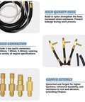 Fuel injection pressure tester kit with black hose, brass quick-connects in 6.30mm/7.89mm/9.49mm, and copper fittings