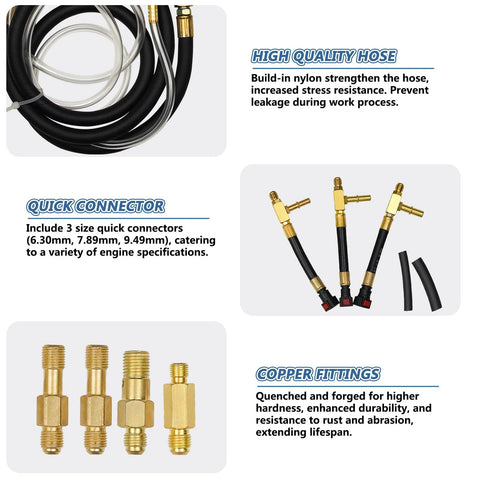 Fuel injection pressure tester kit with black hose, brass quick-connects in 6.30mm/7.89mm/9.49mm, and copper fittings