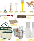 13 Piece Bee Hives Starter Kit with XXL Bee Suit and Veil Smoker Tools Feeder Tote Gloves and Beginner Friendly Gear for Backyard Beekeeping and Hobbyists with various tools and accessories displayed against a white background.