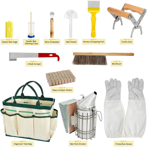 13 Piece Bee Hives Starter Kit with XXL Bee Suit and Veil Smoker Tools Feeder Tote Gloves and Beginner Friendly Gear for Backyard Beekeeping and Hobbyists with various tools and accessories displayed against a white background.
