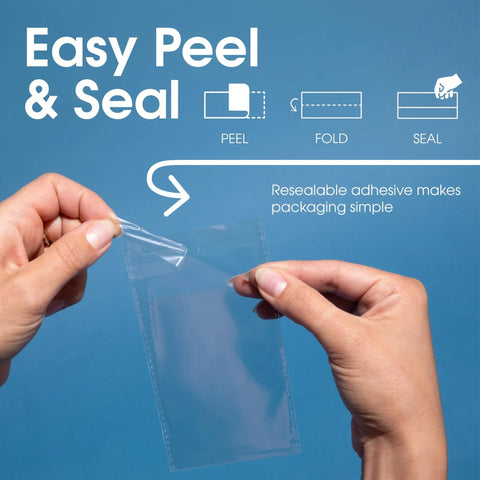 Hands demonstrating the resealable adhesive on 12 By 15 Inch Self Sealing Cellophane Bags 100 Count Crystal Clear Poly Packaging.