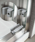 Detailed view of Double Sliding Shower Door In Brushed Nickel Finish For 56 To 60 Inch Openings, showing anti-leak design and clear tempered glass edges.