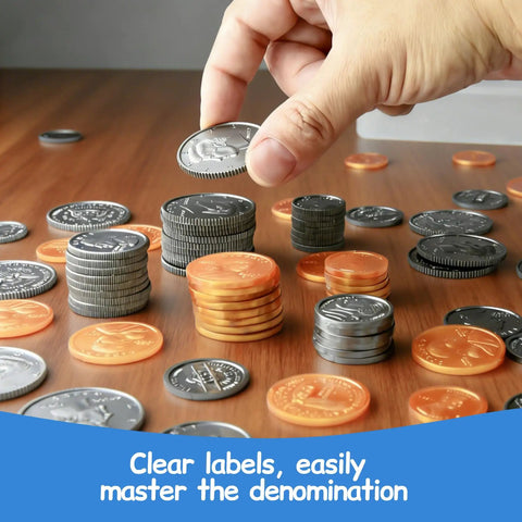 Kid Friendly Realistic Play Money Set With Bills And Coins, Hands On Math Manipulatives For Learning Addition Subtraction And Making Change, Pretend Cash For Homeschool Or Classroom, Ideal For Ages 3 Plus with stack of coins being picked up by hand