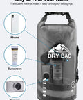 Waterproof Dry Bag 10L Roll Top Unisex Grab and Go Outdoor Gear with items visible inside, including phone, camera, sunscreen.