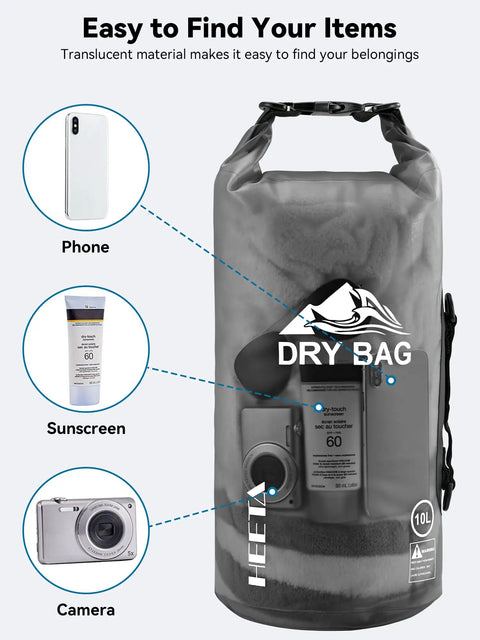 Waterproof Dry Bag 10L Roll Top Unisex Grab and Go Outdoor Gear with items visible inside, including phone, camera, sunscreen.