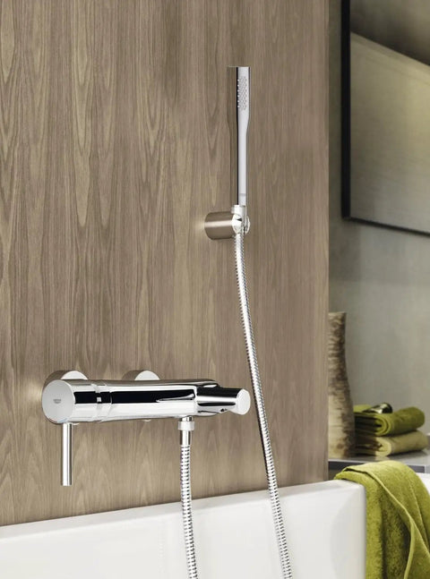 Euphoria Cosmopolitan Stick Hand Shower With DreamSpray Technology StarLight Chrome Finish installed in bathroom