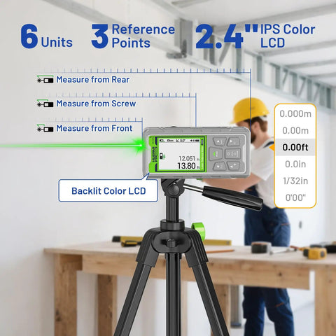Outdoor Pro Laser Measuring Tool With 495 Ft Range Green Beam Camera Bluetooth P2P Tech Free App IP68 Rugged Build Micro USB Hand Strap And Pouch Precision To One Sixteenth Inch Ideal For Real Estate Pros And Build Crews. On tripod with backlit LCD and green beam