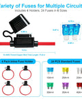 4 Pack Heavy Hitter 10 Awg Inline Fuse Holder 12V Waterproof With 24 Blade Fuses, showing fuse holders and blade fuses sizes.
