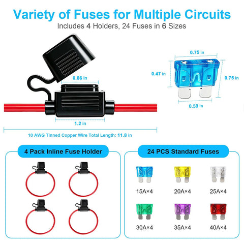 4 Pack Heavy Hitter 10 Awg Inline Fuse Holder 12V Waterproof With 24 Blade Fuses, showing fuse holders and blade fuses sizes.