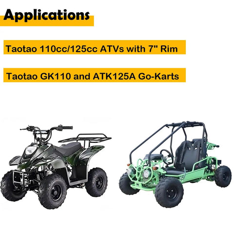 7 Inch ATV Wheel Rim That's Ready For 16x8-7 Tire, 3 Lug Mount, fits on Taotao 110cc quad and go-kart applications shown