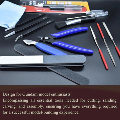 Gundam Model Tool Kit 28pcs Adult Hobby Tools Set with pliers, files, and tweezers on a black surface for precise crafting.