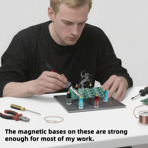 Person using the Magnetic PCB Holder Set For Soldering Six Piece Hands Free Work Station for electronics repair.
