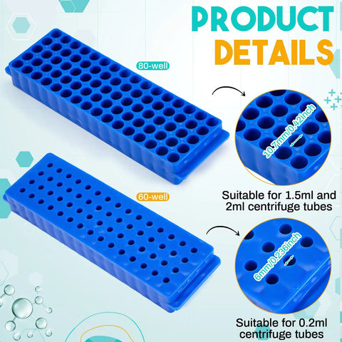 Ten Pack Double-Sided Tube Rack With 80 And 60 Hole Plates, Vial Holder For 0.2mL To 2mL Centrifuge Tubes, Polypropylene, Assorted Colors